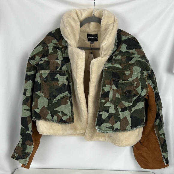 Rehab Lab Label Brown Camo Faux Suede Coat Crop Jacket Long Sleeve L - Picture 1 of 3